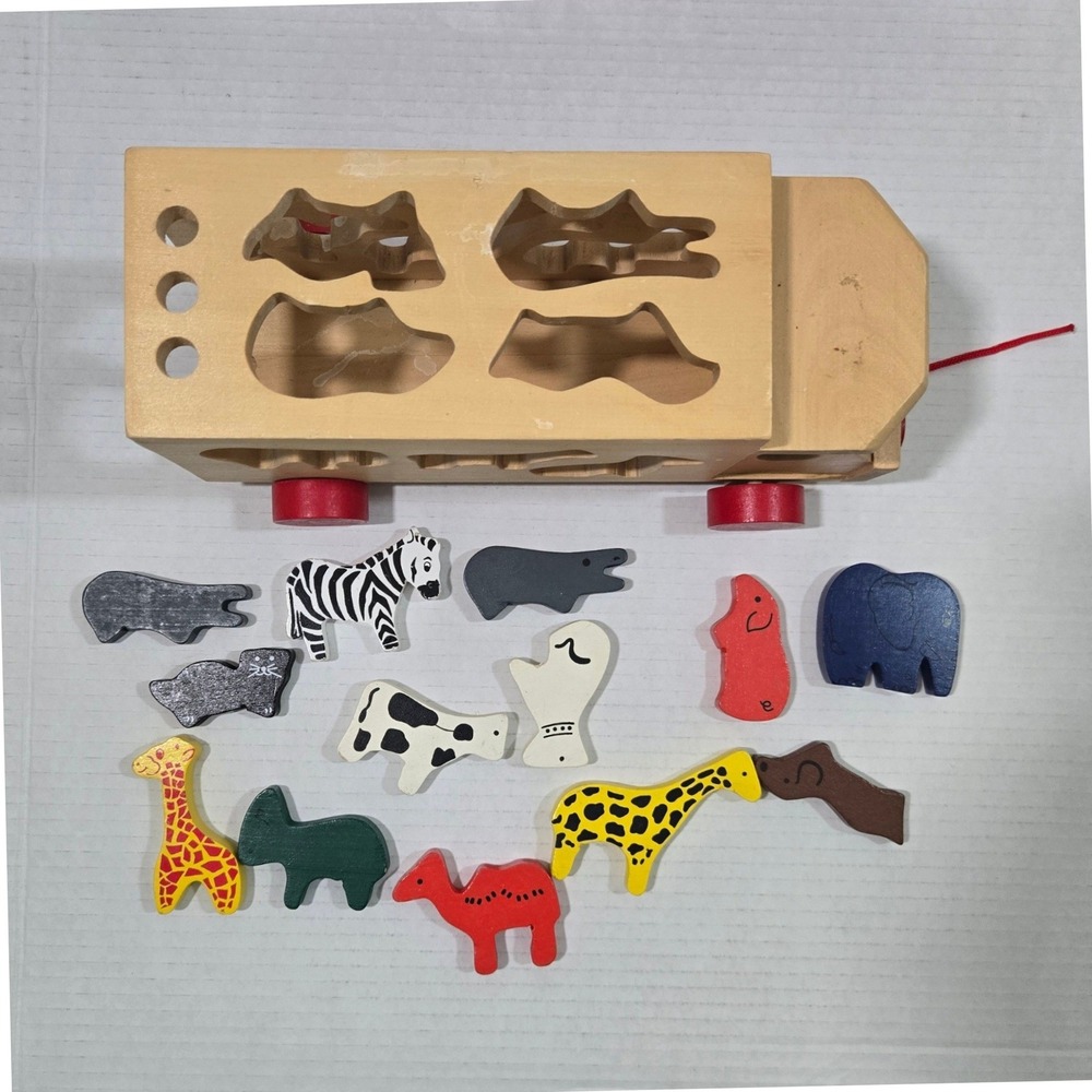 Vintage Wooden Noahs Ark Zoo Animal Shape Sorter Pull Truck Toy 12 Animals